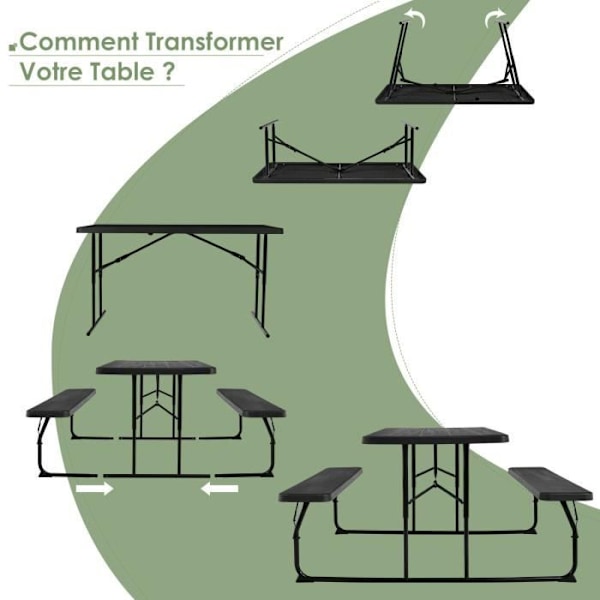 COSTWAY campingbord med 2 foldbare bænke - 4 til 6 personer - til Picnic-Camping Sort