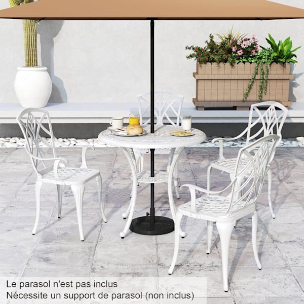 COSTWAY 5 st Gjutna aluminium Trädgårdsmöbler Set - Parasoll Hål Justerbara fotstöd - Set med runt bord och 4 stolar