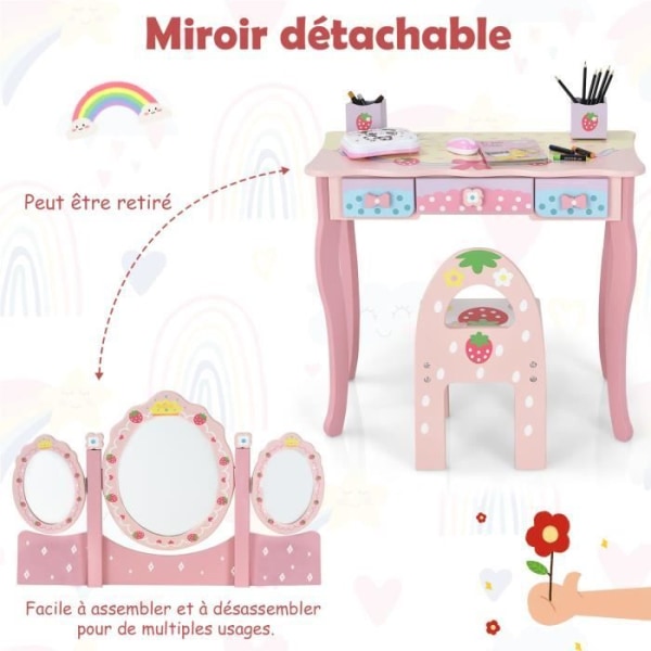 COSTWAY 2-i-1 sminkbord för barn med avtagbar spegel, 3 lådor, 2 lådor i prinsessstil för flickor, rosa