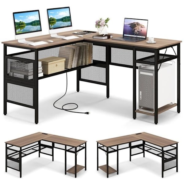COSTWAY vendbart hjørneskrivebord med mesh-opbevaringshylder, CPU-støtte, 140-120 x 50 x 74 cm