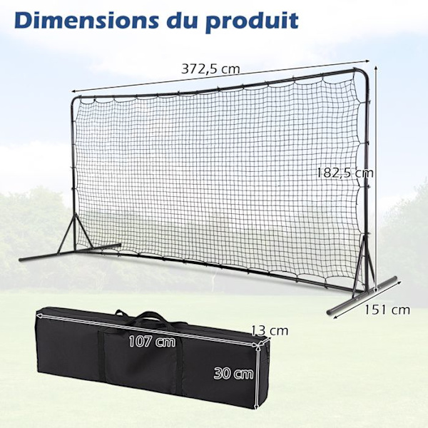 COSTWAY Rebound-nät för fotboll för barn - 372,5 x 182,5 cm - PE-nät - Bärväska - Fotbollsträning i metall - Svart