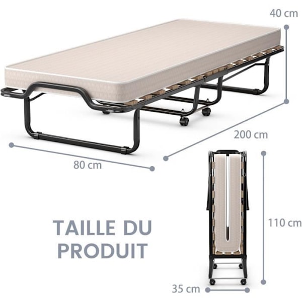 COSTWAY hopfällbar sidobädd på hjul - 80 x 200 CM - hopfällbar säng - 10 CM skummadrass - 15 ribbor av trä