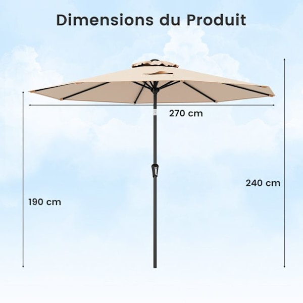 Parasol Déporté 35°270 CM - COSTWAY - UV Beskyttelse 30+ Knap-tilt - 8 Spiler til Have Patio, Strand Brun
