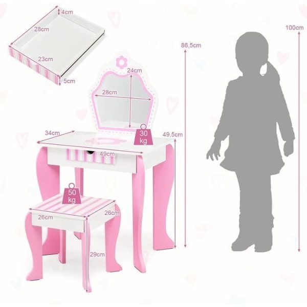 COSTWAY Sminkbord för barn med spegel och träpall - Princess Style Present för tjejer Rosa