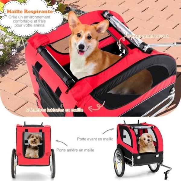 COSTWAY cykelvagn för husdjur upp till 40 kg med 50 cm hjul och taklucka för hundar/katter, röd