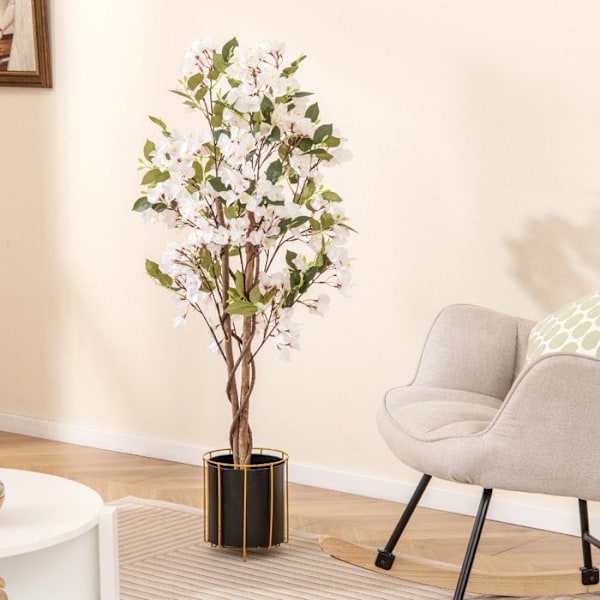 Konstgjord Bougainvillea Träd 120 cm - COSTWAY - Blommande Konstväxt i Kruka med Vita Blommor i Full Blomstring