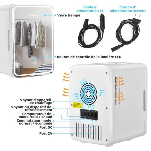 COSTWAY Mini Portable Makeup Kylskåp 10L LED-spegel Avtagbara hyllor 12V DC/220V AC Termoelektrisk kylare
