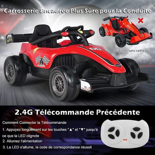 COSTWAY Elbil 12V7Ah til børn 3 - 7 år, F1 Racing, 2 til 5 KM/H, 2,4G fjernbetjening, LED, USB, Horn, MP3, Rød Röd