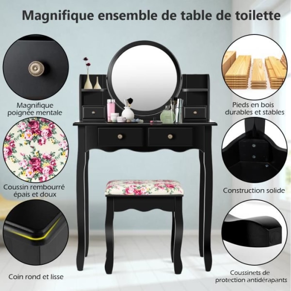 COSTWAY Sminkbord med pall - 360° vridbar spegel, avtagbar skiva, sminkbord - 4 lådor och 2 hyllor, svart