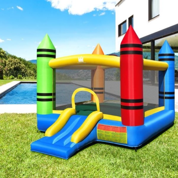 COSTWAY uppblåsbar lekplatsslott med glid- och lekbollar för barn, 480W blåsare (ingår ej), höjd 226 cm