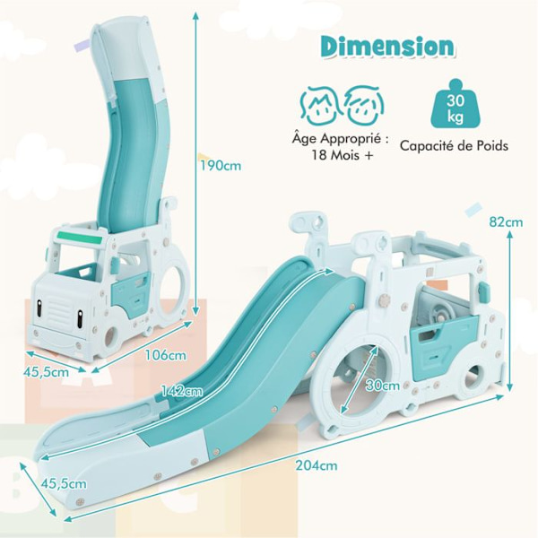 3 i 1 rutsjebane til børn COSTWAY - Sammenklappeligt design - Minibusform - Krybetunnel - Hævede ramper og bufferzone - 18 + måneder Blå