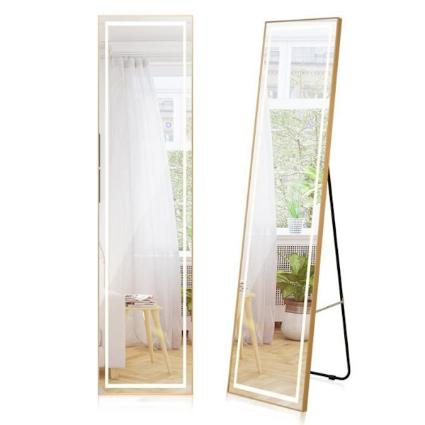 COSTWAY Fritstående vægmonteret spejl - 3 farve LED-lys, Smart Touch, Aluminiumsramme, Eksplosionssikkert glas - 37x155CM-Guld