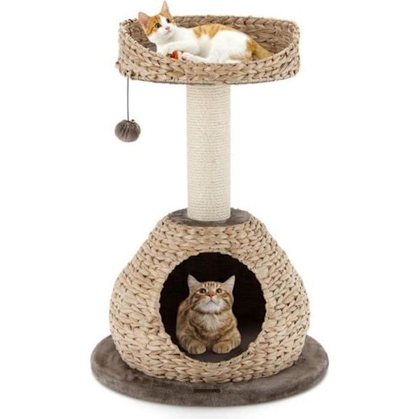 COSTWAY Cat Tree H 70,5 CM Niche-raapimistolppalla ja ripustettavalla Pompomilla ja kahvilla Beige och kaffe