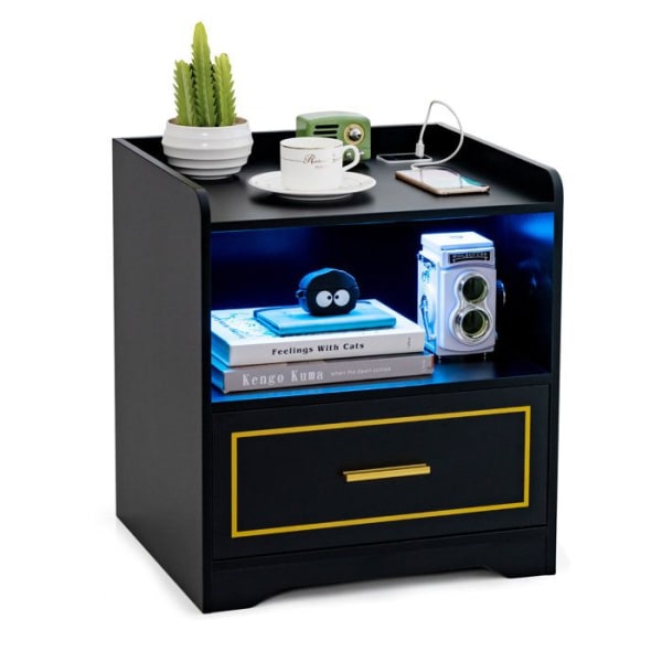 COSTWAY LED sengebord med 1 TYPE-C + 1 USB, 3 lysfarver, Smart Sensor, 45 x 40 x 50 cm, Sort Vit