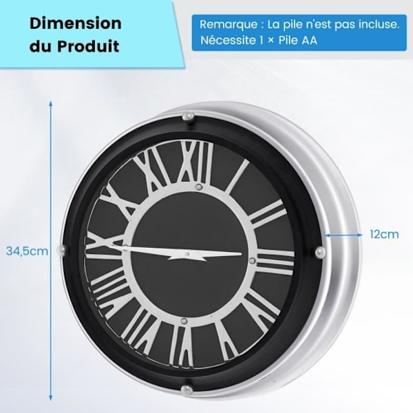 COSTWAY Moderne vægur - romertal, glascover, Silent Dia. 34,5 CM Sort