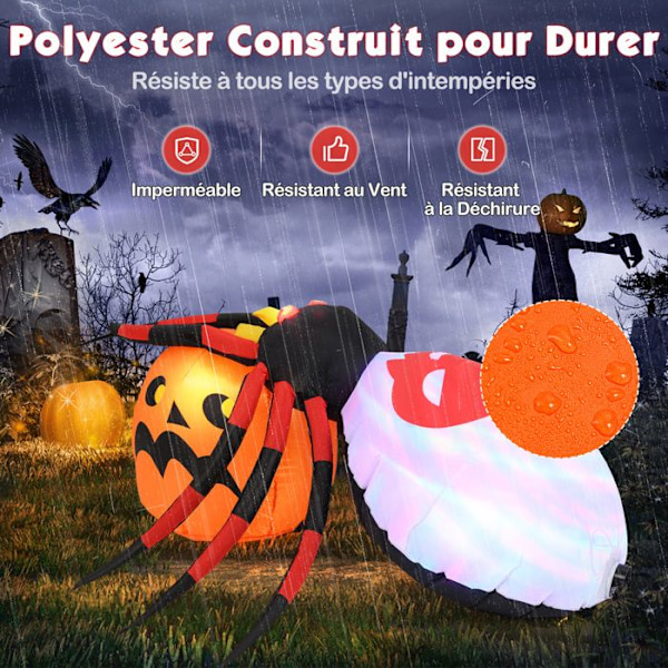 COSTWAY oppusteligt edderkoppegræskar 150x140 cm, LED oppusteligt græskar Halloween dekoration med farverigt roterende lys