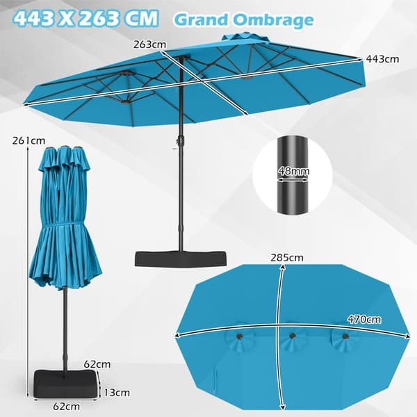 Parasol Dubbel Trädgård 470x285cm Rektangulär - COSTWAY - Bas och 2 Sandpåsar (Utan Sand) - 12 Robusta Spön - Turkos Turkos