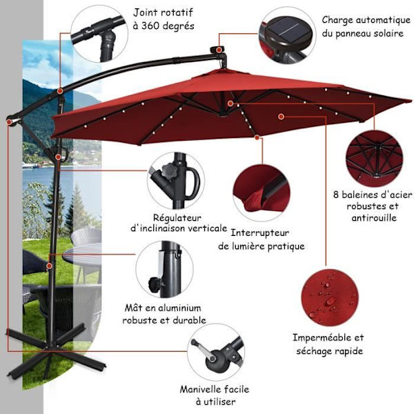 COSTWAY Parasolfad 3M 24 LED Solarlamper Rotationsvinklet 360°Krydssokkel, Vender, Justerbar vinkel Aluminiumsøjle Bourgogne Röd