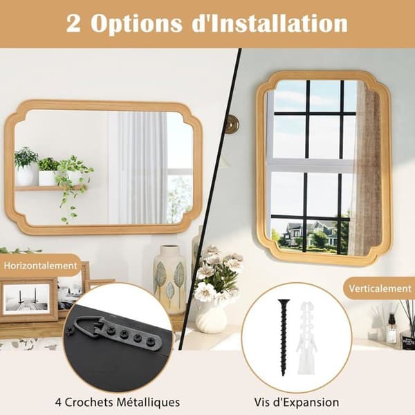 Rektangulär Väggspegel 90 x 60 cm COSTWAY, Rundade Högar, för Badrum Entré Sovrum, Vertikal Horisontell Montering