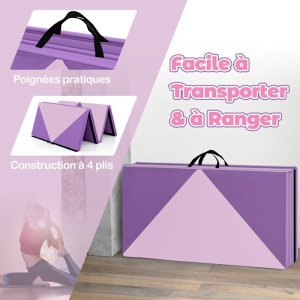 COSTWAY Käännettävä Voimistelumatto 240 x 117 x 5 cm 4 Kertaa Irrotettava PU-nahkakuori Velcro-hihnoilla Violetti