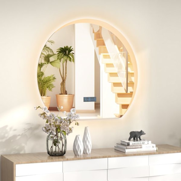 COSTWAY Halvcirkel Badeværelsesspejl 3 Farve LED-lys & Hukommelsesfunktion & Tid-Temperatur Display 53x60CM Sølv Pengar