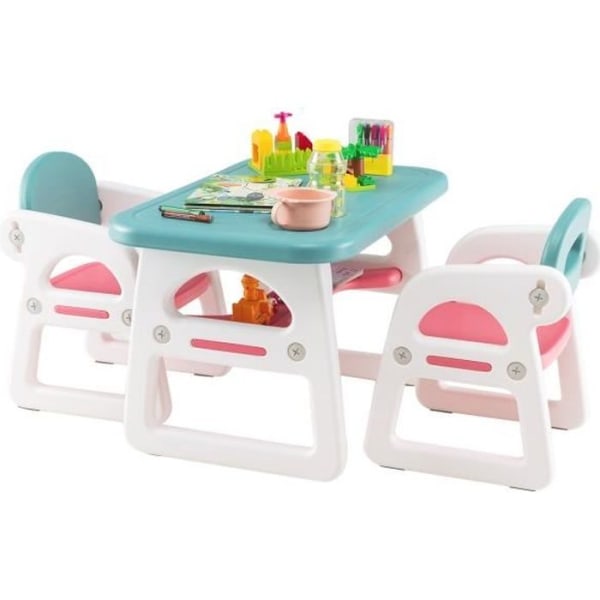 COSTWAY 3 delar barnbord och 2 stolar set med konkav förvaringshylla Åldrar 1-5 år Blå och rosa