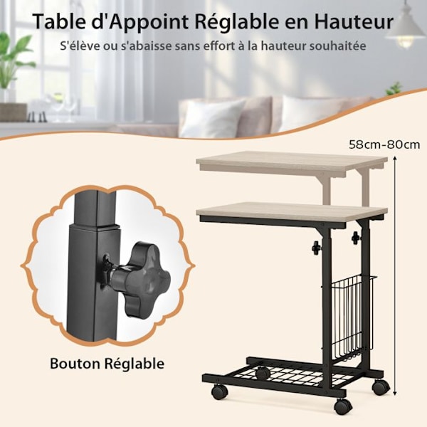 COSTWAY C-formad Sidobord, Höjdjusterbar 58-80 cm, med Förvaringskorg, för Soffa, Naturlig