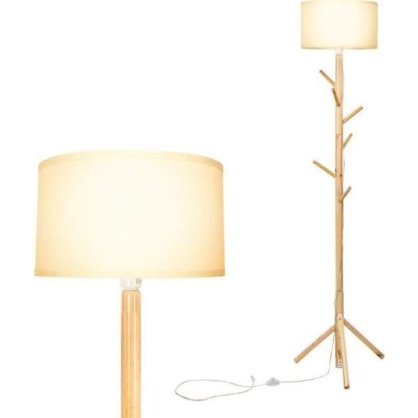 COSTWAY Gulvlampe Stue 166.5CM 2 i 1 Knagerække-5 Kroge-Metal-Fodkontakt-E27 Linned Stof Lampeskærm-Soveværelse