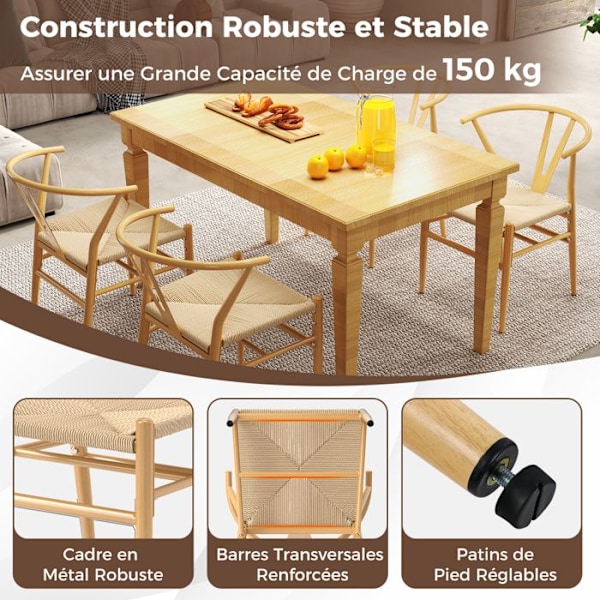 COSTWAY 2-pack fåtöljer med Y-rygg - Sittplats i flätad snöre 46 x 40 cm för matsal, kök, kontor naturlig