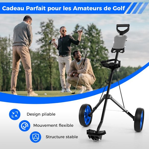 Fällbar Golfvagn COSTWAY - 2 Hjul i EVA - Platser för 4 Tees och 4 Bollar - Poängtavla - Stålram - Justerbar Rem - Blå