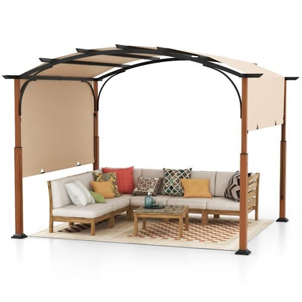Havepergola 3 x 6 x 2,6 M COSTWAY-Trækbart fortelt i polyesterstof-metalstruktur-med buer-stolper trælook-beige