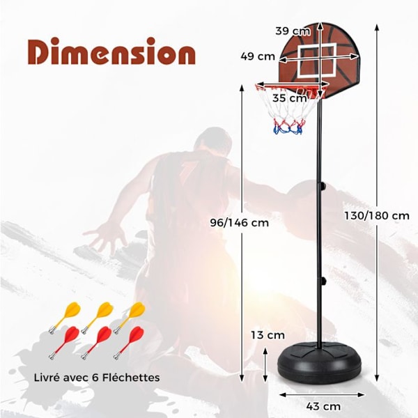 COSTWAY Stående Basketball Hoop - 2 i 1 dartskive - Justerbar højde 130-180 cm - Dobbeltsidet bagplade - Fyldbar base