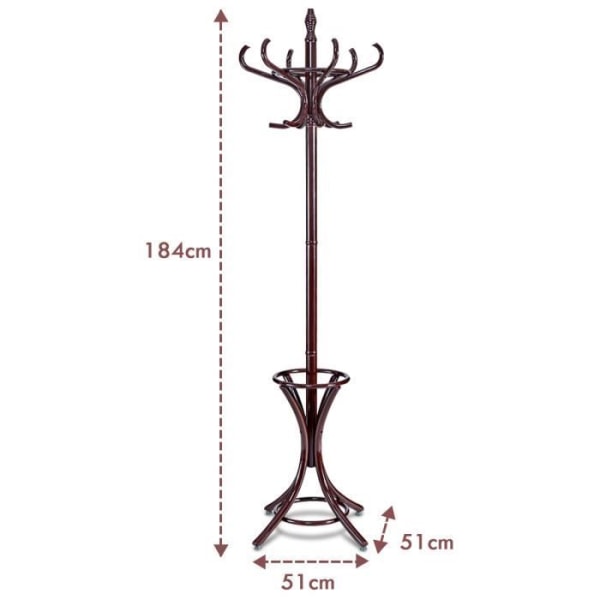 COSTWAY Fristående klädhängare med 12 krokar Massivt trä för kappor Hattar Paraply 51 x 51 x 184 CM Brun