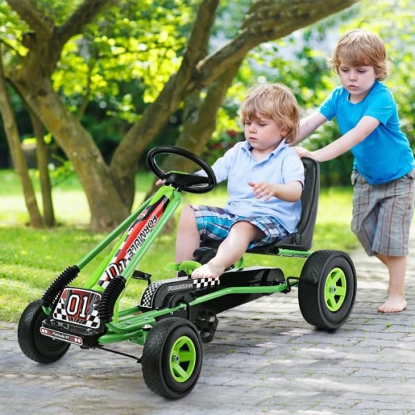 COSTWAY 1-sitsig metallpedal Kartgrön med gummihjul 101 x 61 x 62 cm Lämplig för 3-8 år gamla gokartbarn