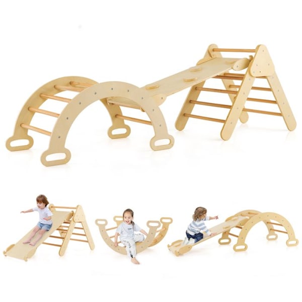 7 i 1 COSTWAY klättertriangel med rutschkana/båge/ramp - justerbar stege, belastning 50 kg, för baby 1 år+ Natural Naturlig