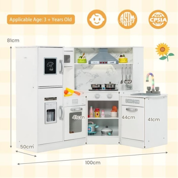 Lasten keittiö Englanti - Costway -3 vuotta+, puusta, 17 lisävarustetta, ääniä ja valoja, liitutaulu, täydellinen lahja valkoinen Vit
