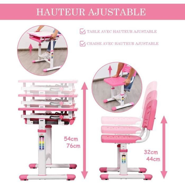 COSTWAY Ergonomisk børneskrivebord Justerbar højde og vinkel 0-40° bordsæt med stole, tegnebord med 1 skuffe Pink Rosa