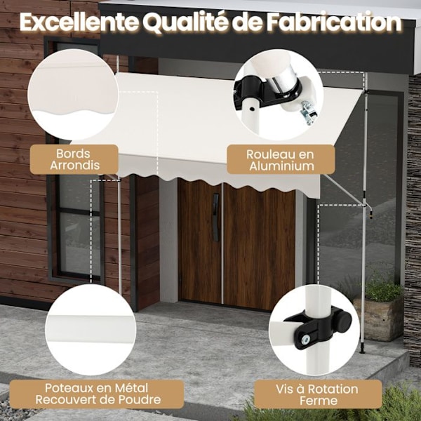 COSTWAY Butik Banner Manuell Återkallbar 3 x 1,2M - Veva Höjdjusterbar 210-300CM, Terrassmarkis UV-skydd Vit
