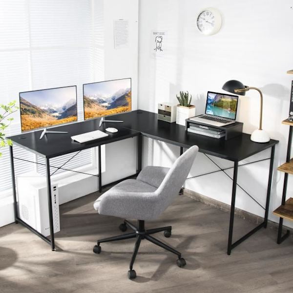 COSTWAY hörnskrivbord - 150 x 150 x 74 CM - Justerbart till rakt skrivbord, stort bord för 2 personer Svart Svart