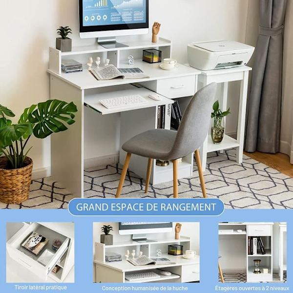 COSTWAY Computer Skrivebord med Skuffe og 2 Opbevaringshylder Computer Skrivebord med Tastatur Bakke Hvid Vit