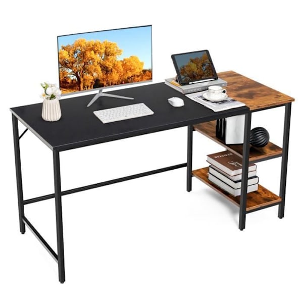 COSTWAY Stort industridatorbord, 140 x 60 x 74 cm, med förvaringshyllor, stålram, skarvbräda Svart + Rustik Brun