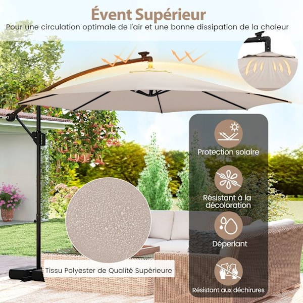 Parasol Deporter 3M med Base 96 LEDs - COSTWAY - Solbeskyttelse - Tipping Rotation 360° - 2 Sandposer - 8 Stænger Beige