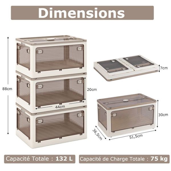COSTWAY stabelbare plastopbevaringsspande 132 L låg & 3 niveauer & 5 døre & hjul til stue & soveværelse 51,5x36,5x88CM Hvid Vit Brun