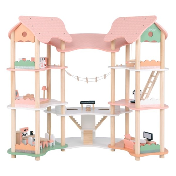 COSTWAY Dockhus i trä för barn 3-8 år, 3 våningar med 7 rum - 32 realistiska tillbehör 100 x 48 x 85,5 cm Rosa grön natur