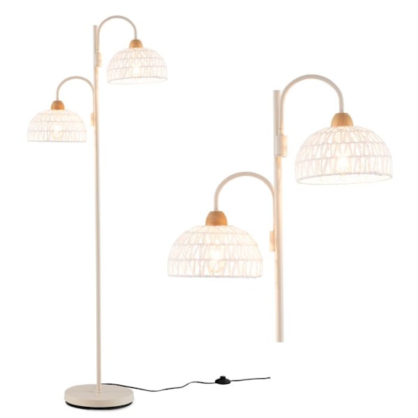 COSTWAY Modern 2-skærms gulvlampe med vævede reb - 350° drejelig - Fodkontakt - Vægtet base - Metalstang