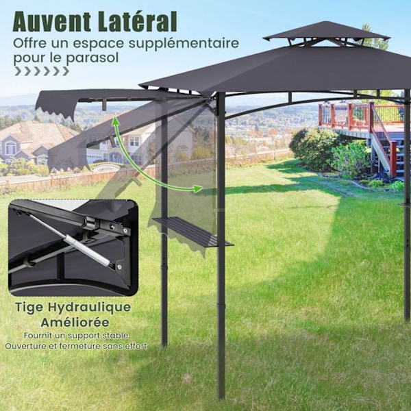 Grillikatoksen 318x153cm COSTWAY-Sivukatoksella-Kaksikerroksinen Kattosysteemi-2 Sivuhyllyä-Ripustuskoukut-Pullonavaaja Harmaana