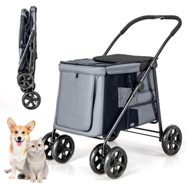 COSTWAY hopfällbar buggyvagn för djur - Avtagbar kudde, 4 stötdämpande hjul - Last 40KG - Vagn för katt - Hund - Grå