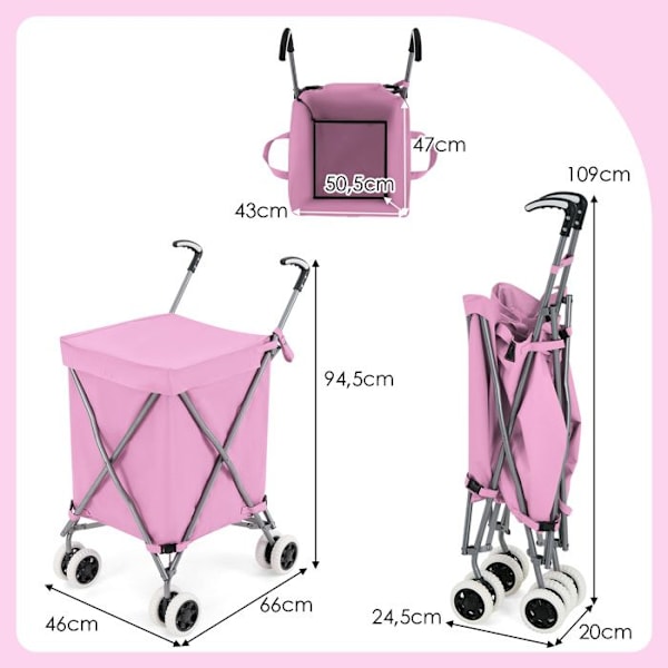 COSTWAY-90 L Taitettava ostoskori - 360° jarrutus ja ohjaus - Oxford laukku - Vedenpitävä - Teräsrunko - 54 kg Kapasiteetti - Vaaleanpunainen Grå Rosa Röd