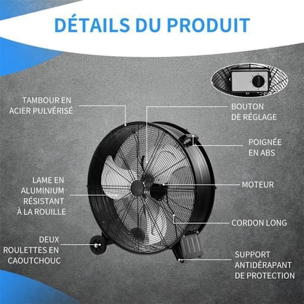COSTWAY Industriel Gulvventilator 180W 3 Metalblade 59cm 3 Hastigheder Inklinerbar Beskyttelse mod Overophedning