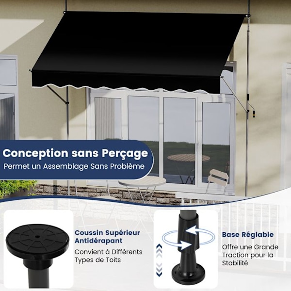 COSTWAY Butik Banne Manuel Retractable 3 x 1,2M - Manivelle Højdejusterbar 210-300CM, Terrasse Markise Anti UV Sort